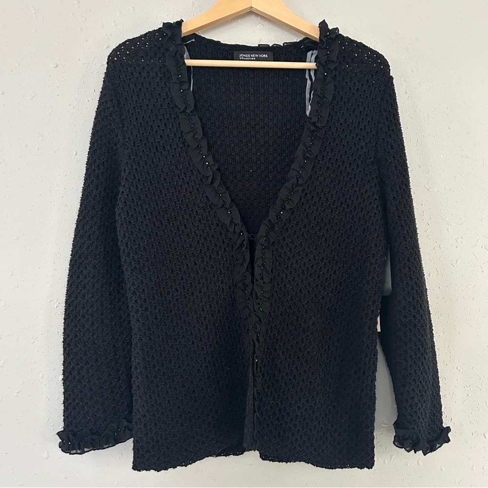 NWT Jones New York Black Cardigan Sweater Nuetral Winter Holiday Ruffle